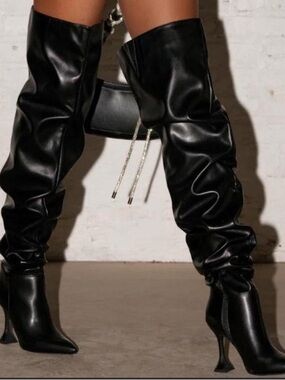 Azalea Wang Black Over-the-Knee Slouchy Leather Stiletto Boots